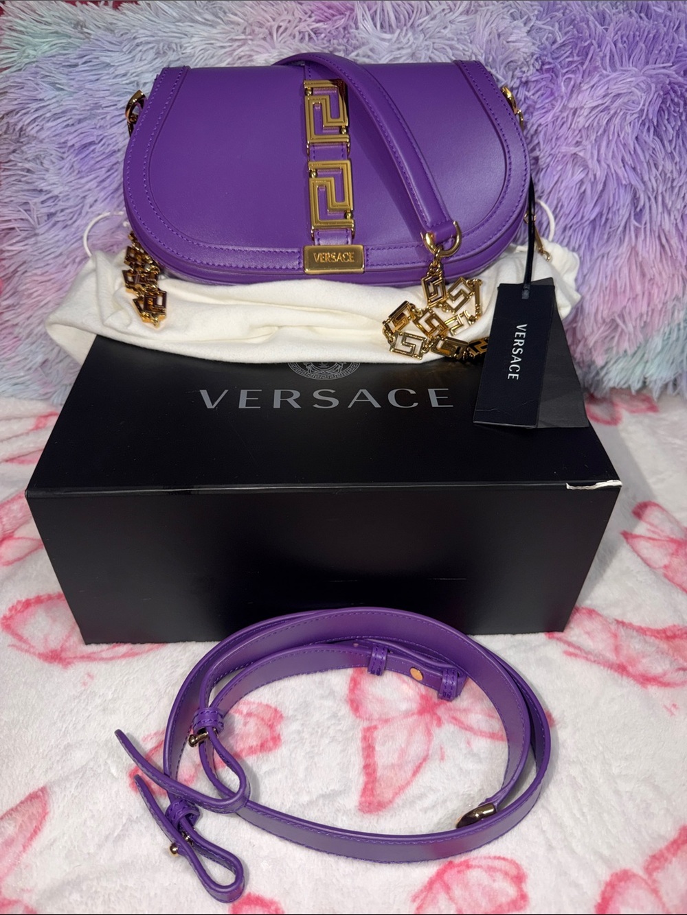 Versace Purple Crossbody Bag with Gold Greek Key